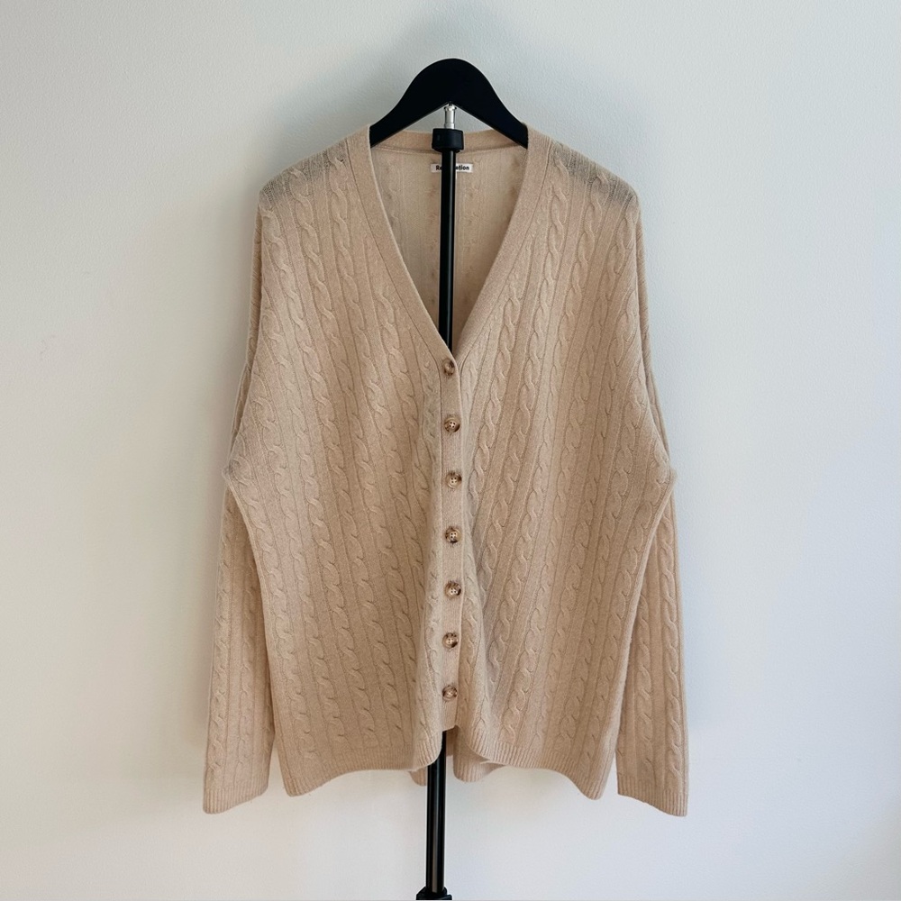 Reformation Giusta V-Neck Cable Knit Oversized Cream Cashmere Cardigan Size S